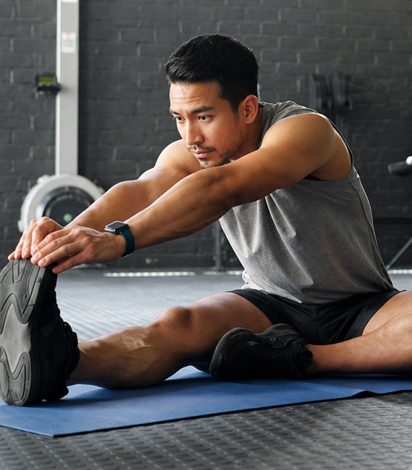 Man stretching after a workout in a gym