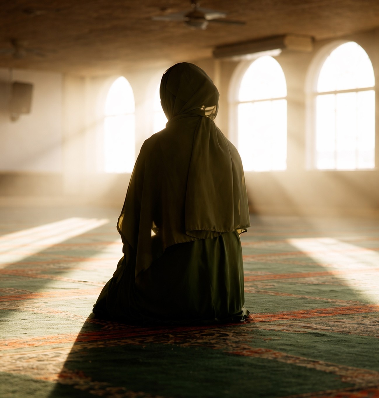 Woman in a hijab seated in prayer inside a sunlit mosque